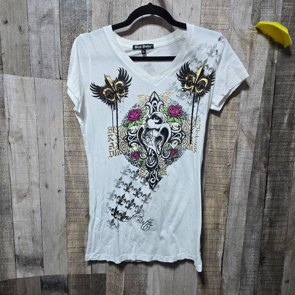 Brad Butter Vintage Y2K White Graphic Tattoo Fitted Tee XL Emo Alternative Goth